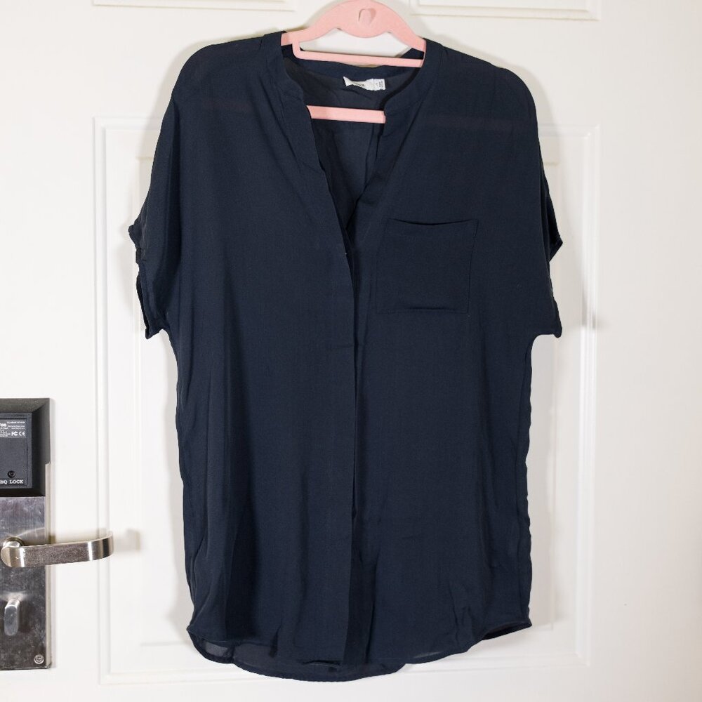 Vince Navy Blue Silk Short Sleeve Button-Down Shirt